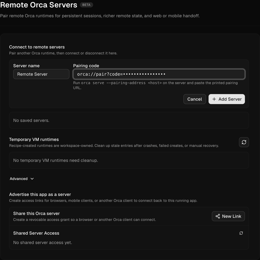 On the client: name the server, paste its access link, and add it. The pairing code is redacted in this example.