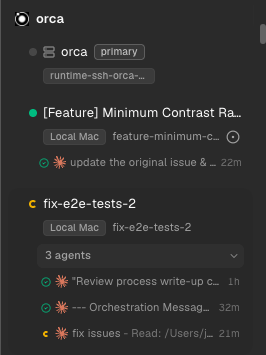 Sidebar worktrees on Local Mac — each card is a worktree with its own agents and branch.