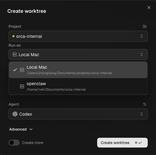 Create worktree → Run on — choose Local or a configured remote host (here: openclaw over SSH).