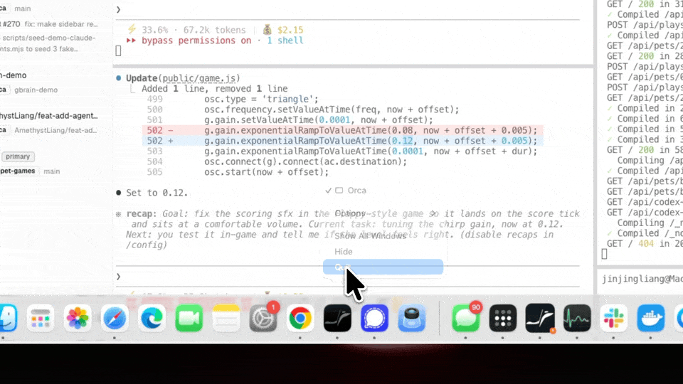 Restart Orca and the session — terminals, splits, scrollback, focused tab — comes back intact.